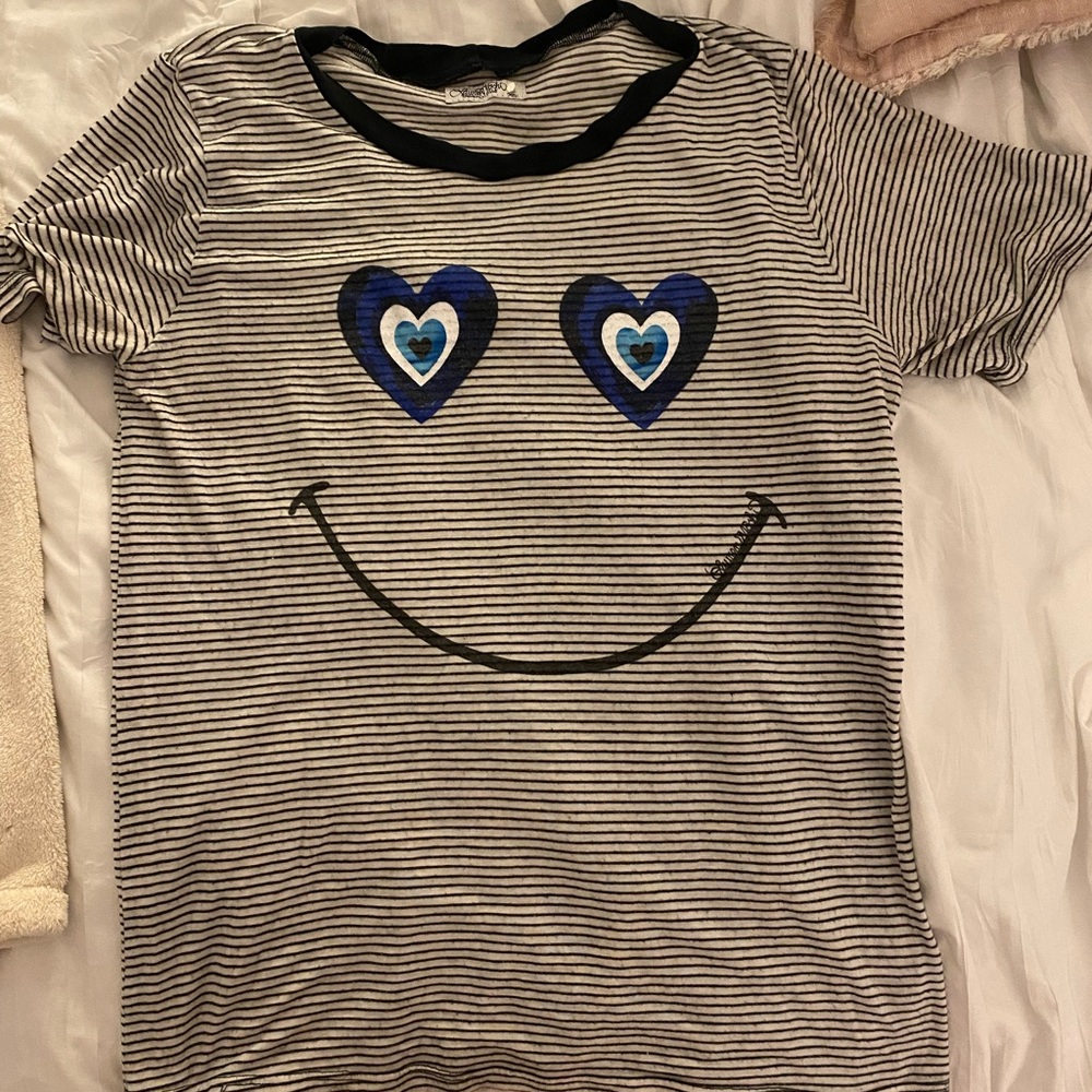 LAUREN MOSHI BEVERLY HILLS heart/smiley face striped T shirt size xs